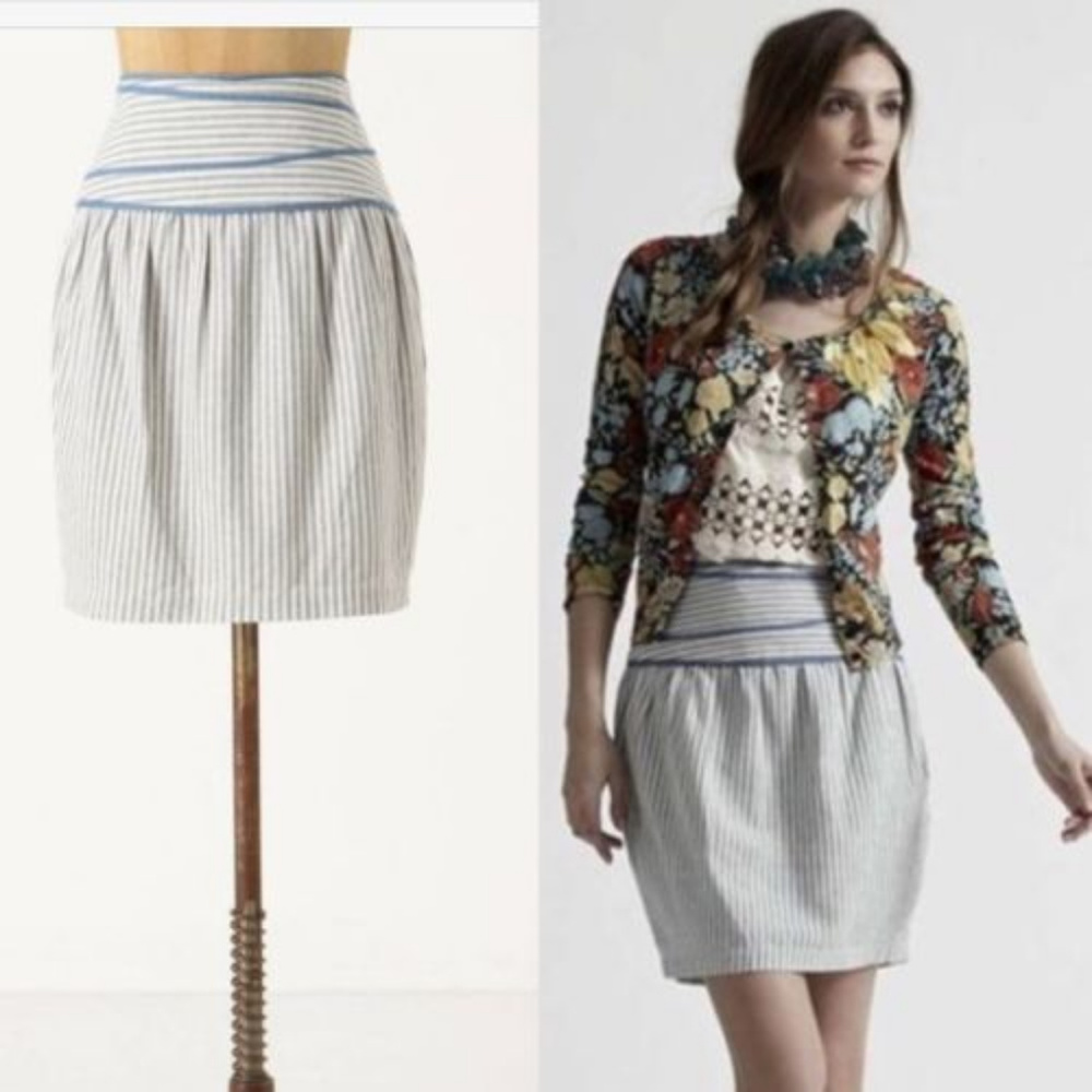 Anthropologie Calm Seas Skirt Blue Striped Linen Blend By Hype Size 6 - Picture 3 of 7